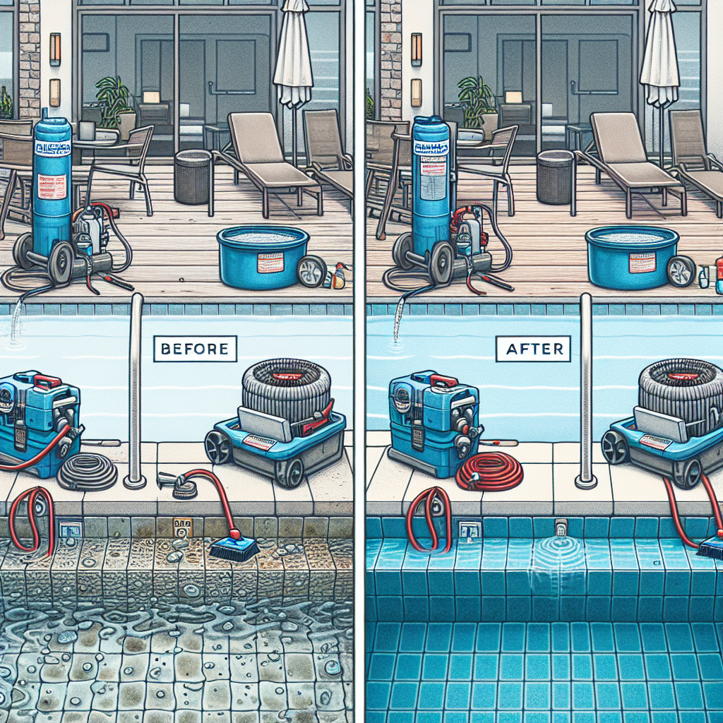 Witness the transformation: before and after Quality Clear Pools' expert tile cleaning services, featuring top-of-the-line pool equipment.